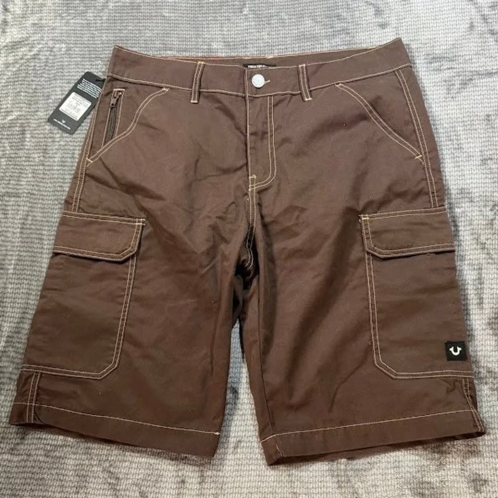 True Religion Mens Cargo Shorts Brown Bracken Contrast Stitch Size 34X11 NWT